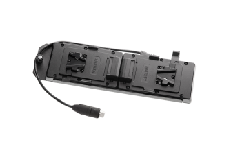 Double Vlock battery adapter on EVO style plate with angled connector.